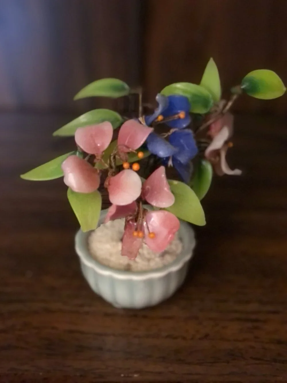 Vintage Miniature Bonsai Jade Glass Tree Pink and Periwinkle Blue Flowers